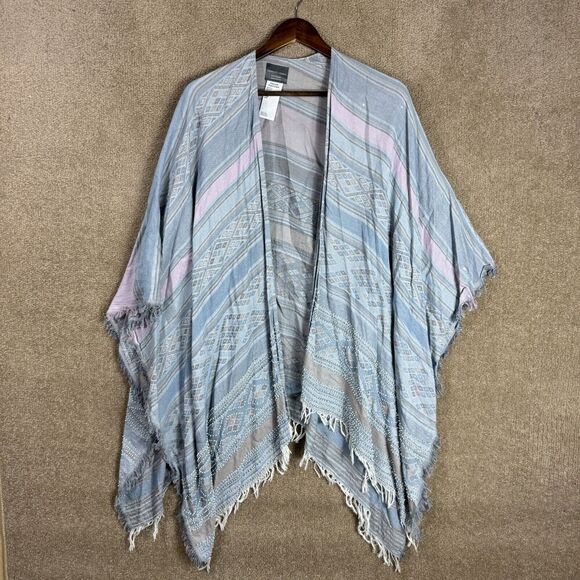 Moment by Moment Shawl Wrap Womens One Size Blue Stripe Open Front Beaded Fringe - Picture 1 of 8